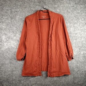 Coldwater Creek Cardigan Womens L Orange Ruffle Open Front Slub Cotton Knit
